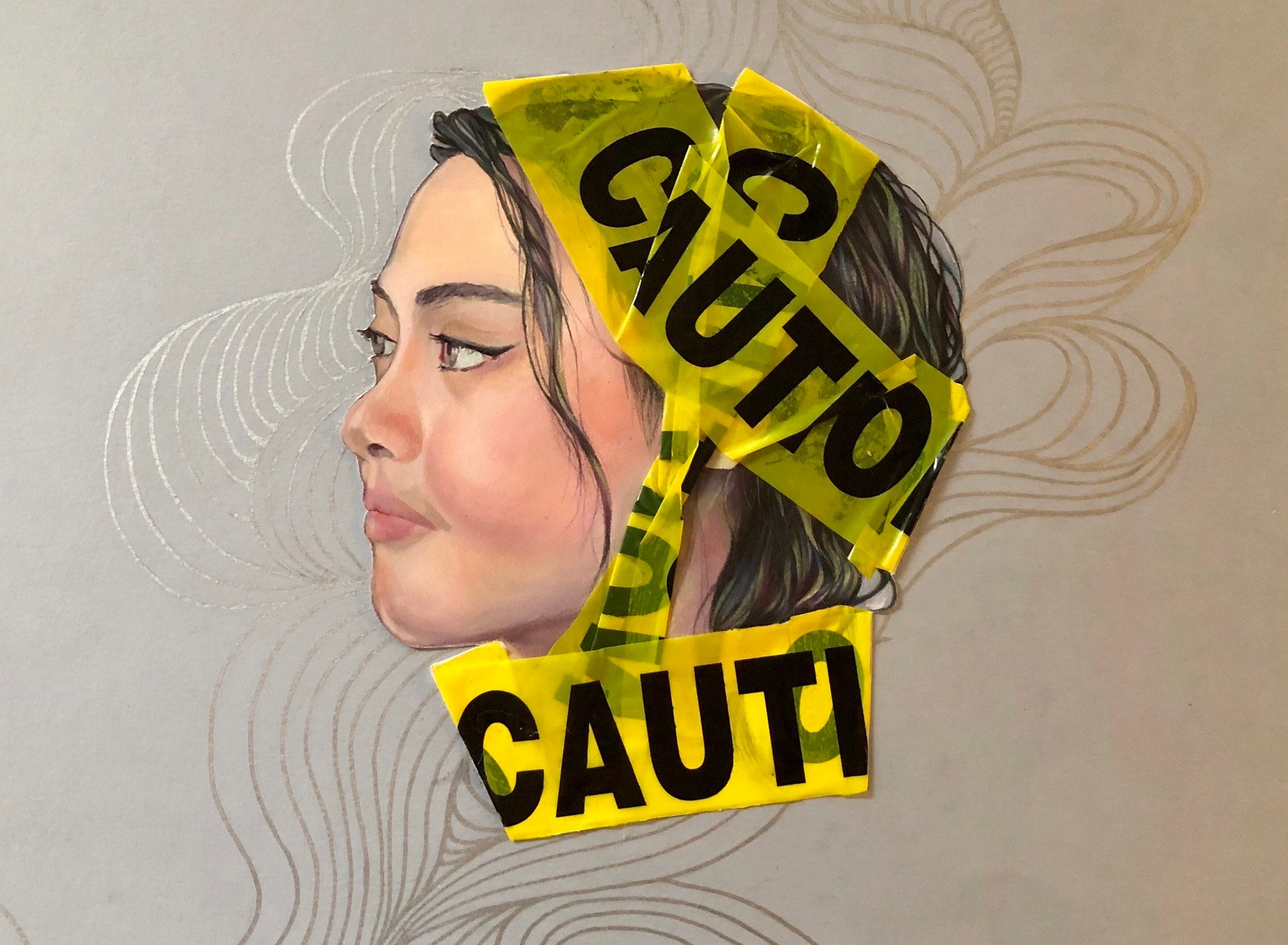 Color pencil portrait of a woman's face wrapped in caution tape