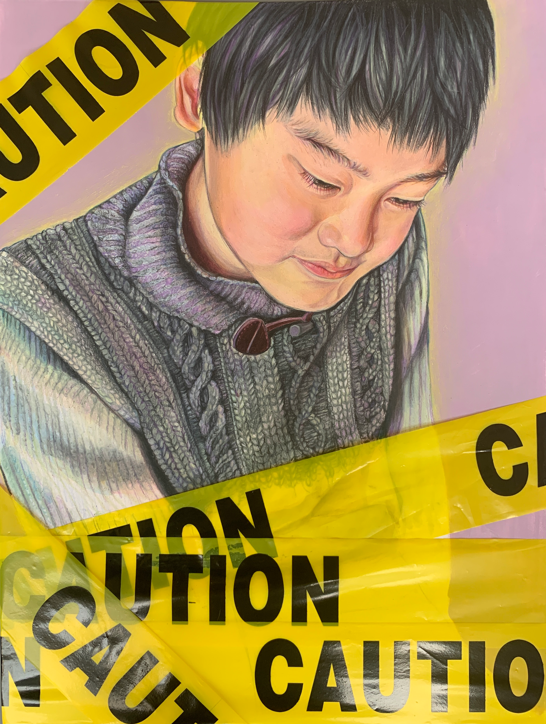 Color pencil portrait wrapped in caution tape