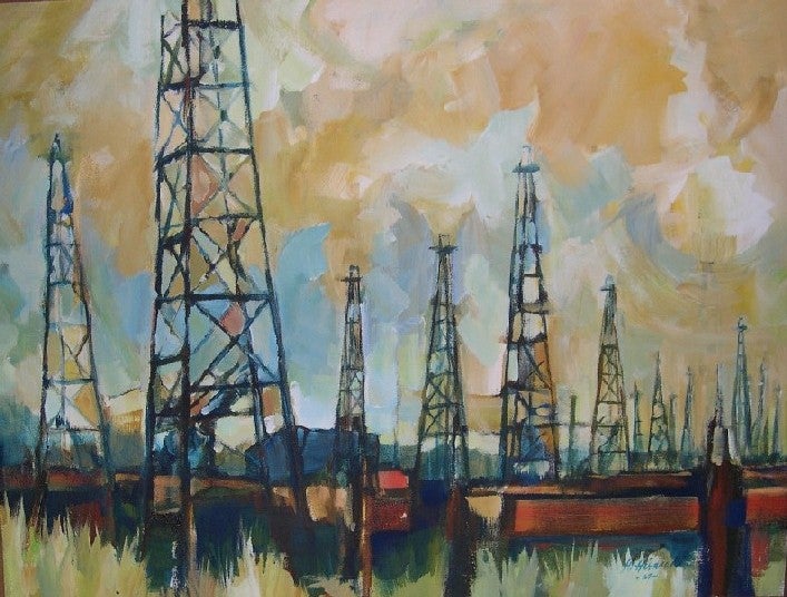 Painting of oil derricks - Orangefield (Hana Hirasaki, 1967)