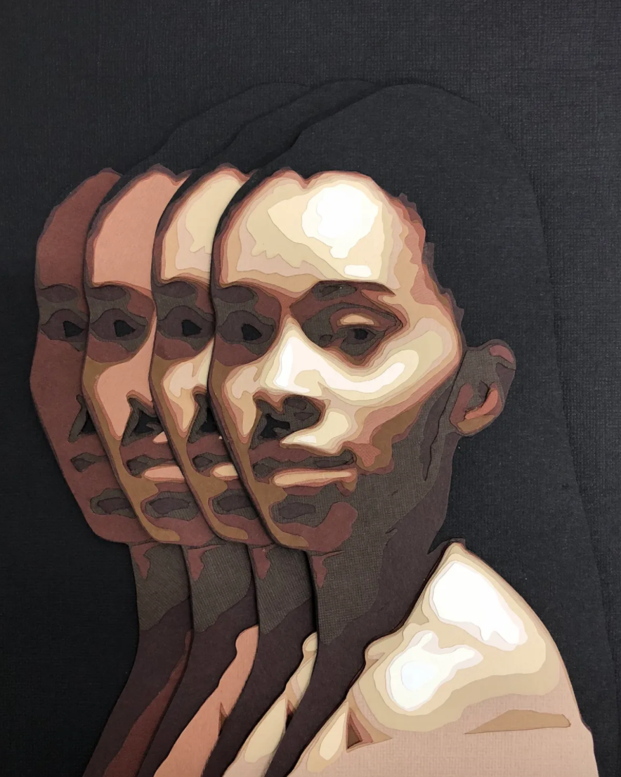Four portraits of a woman created from hand-cut, layered paper and stacked partially on top of one another