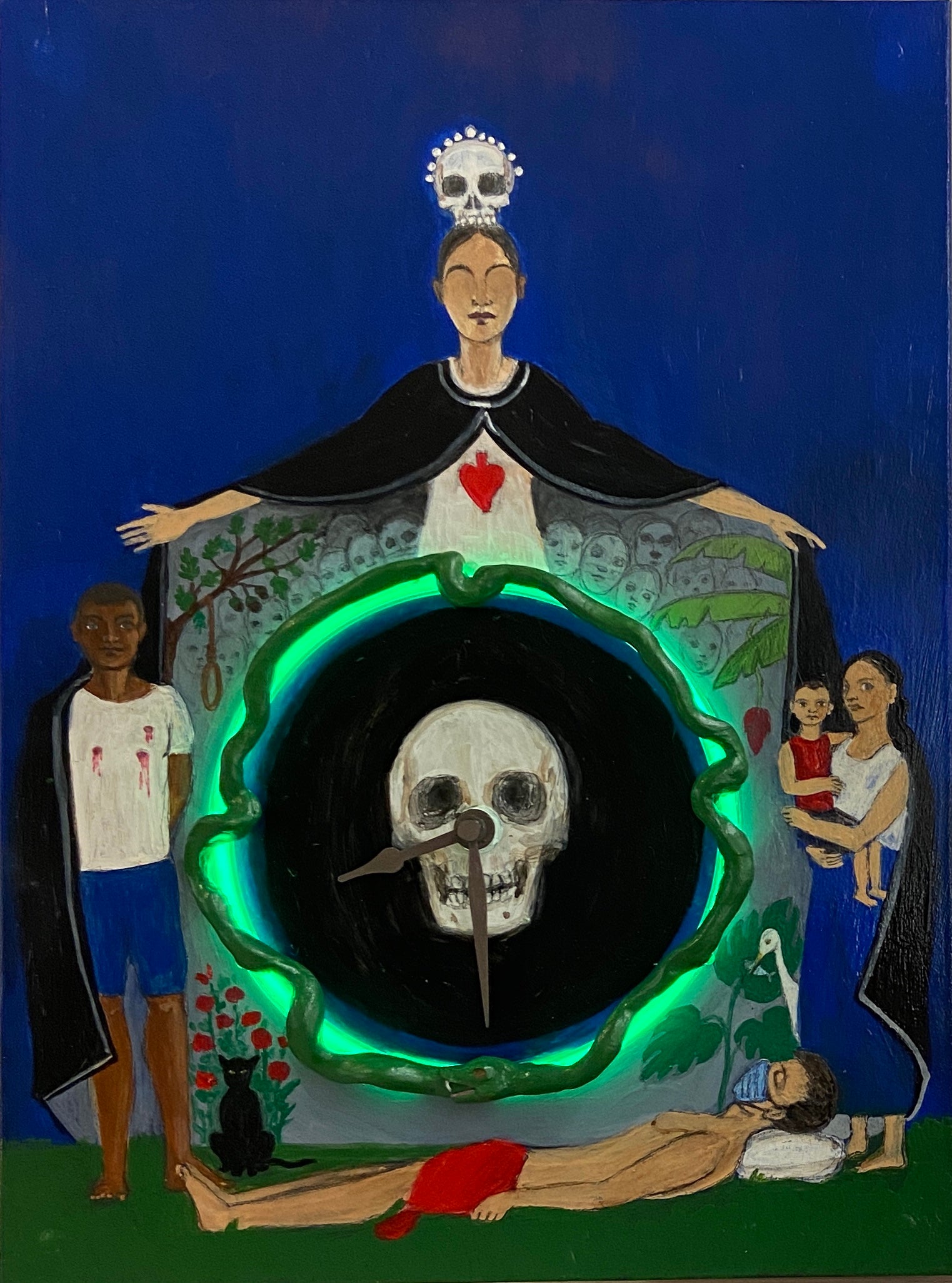 A clock with a skull in the middle, a neon green serpent around the edge, flanked by death