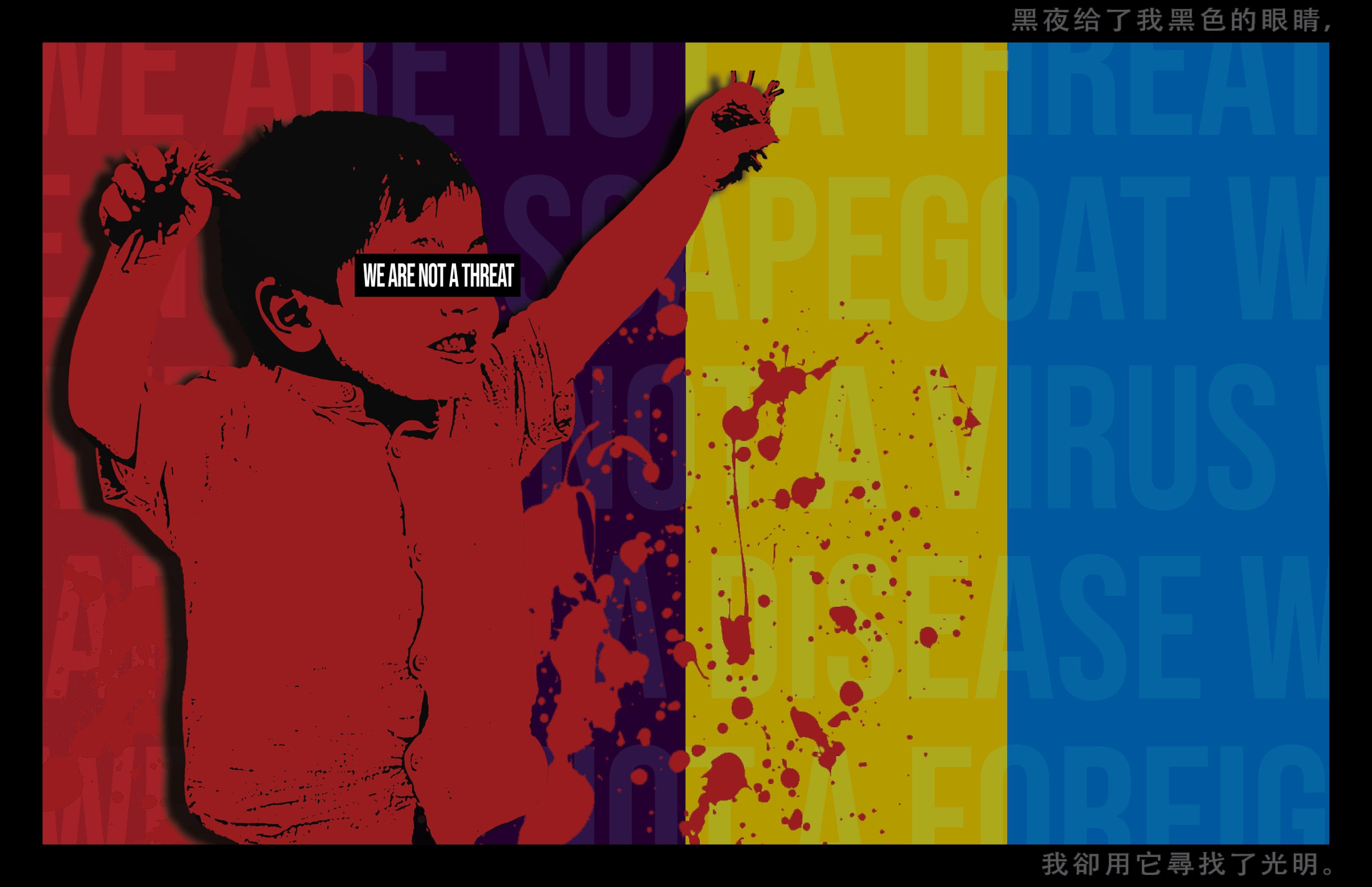 Graphic design image of a child with paint or blood spatter with the words "we are not a threat" over their eyes