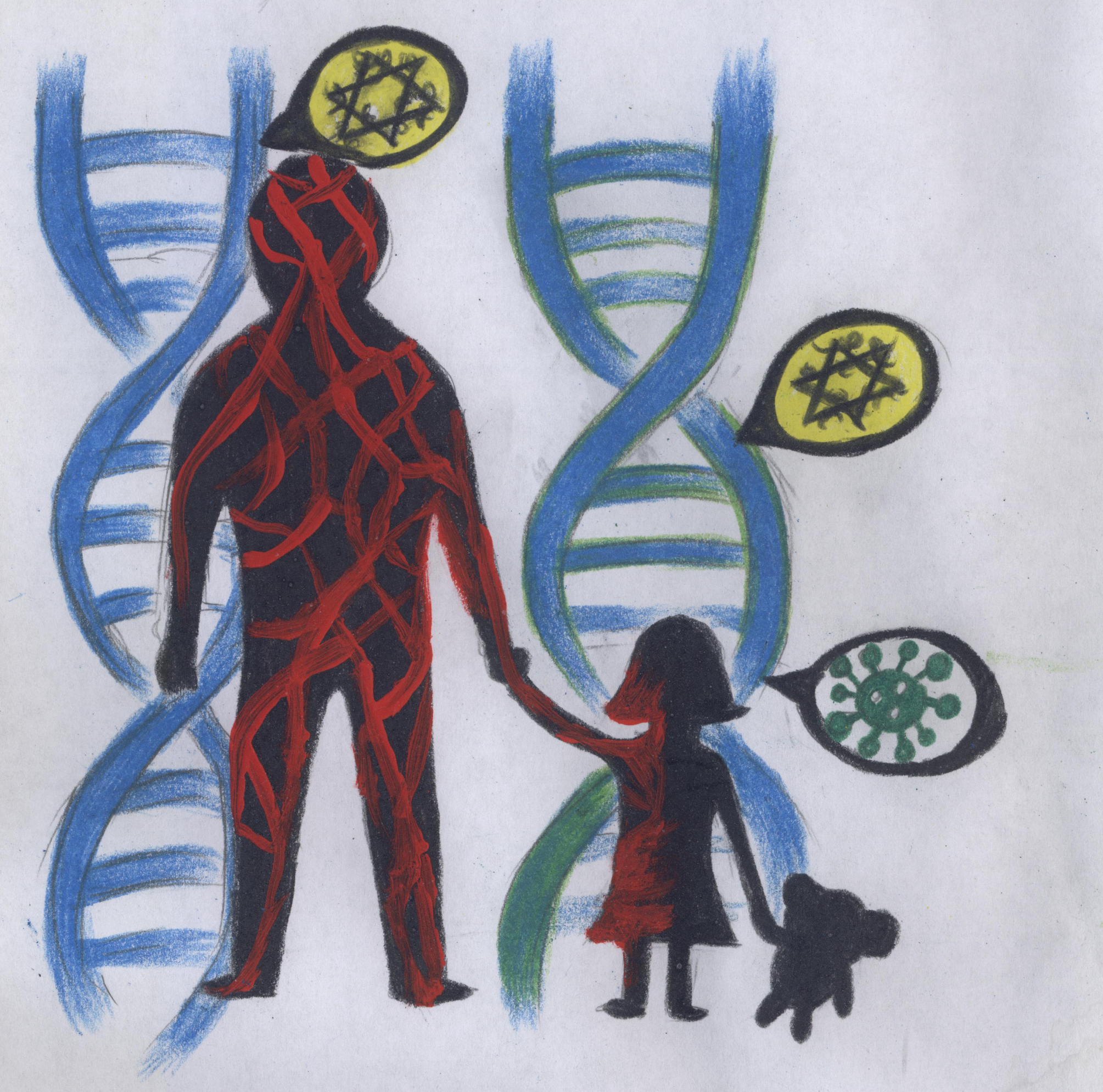 Color pencil drawing of a silouette of an adult and a child with red streaks and DNA strands in the background