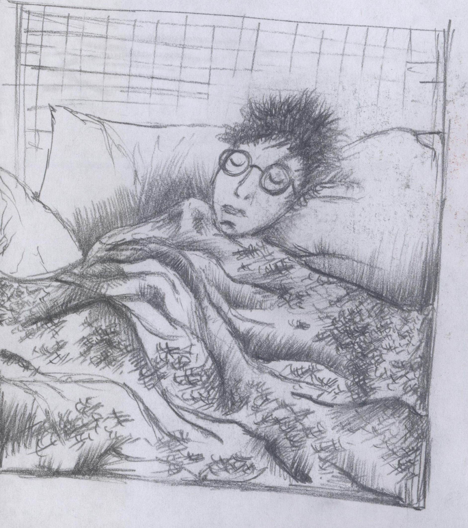 Pencil drawing of boy asleep in bed