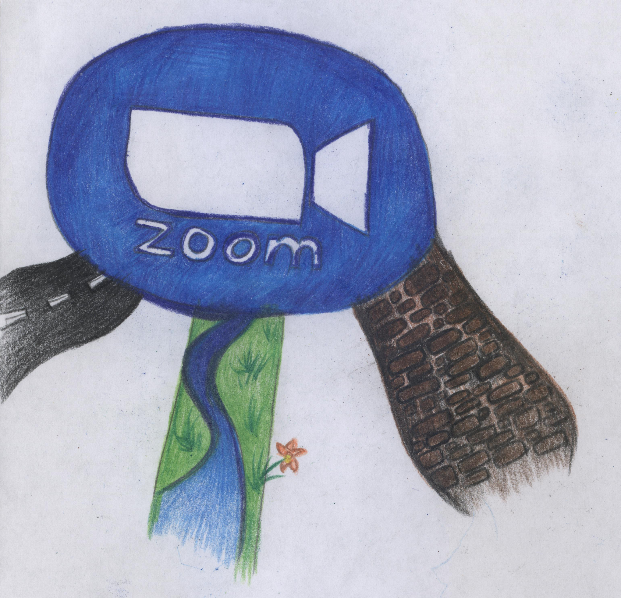 Colored pencil drawing of Zoom icon with a road, a stream, and a cobblestone path coming out of it