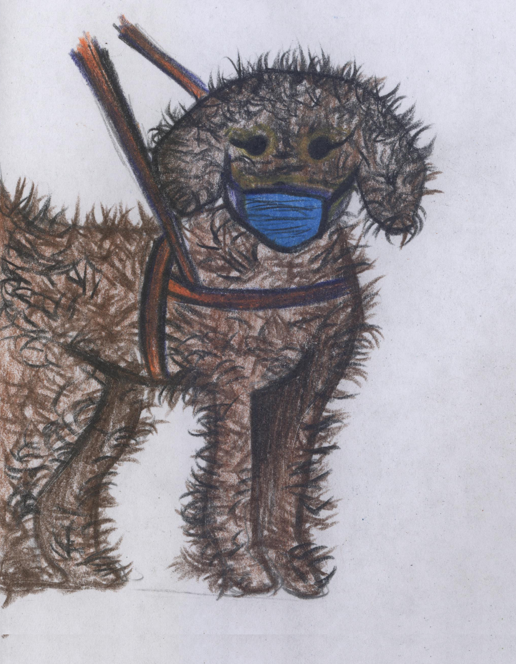Colored pencil drawing of dog wearing a mask
