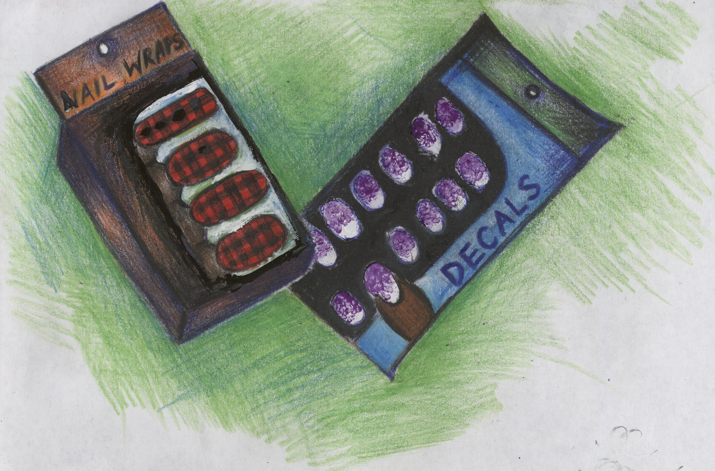 Colored pencil drawing of nail wraps and decals