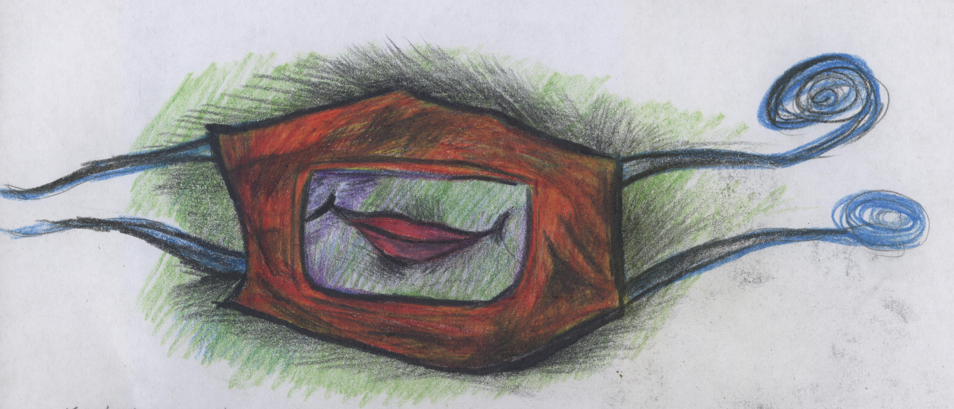 Colored pencil drawing of lips behind a covid mask