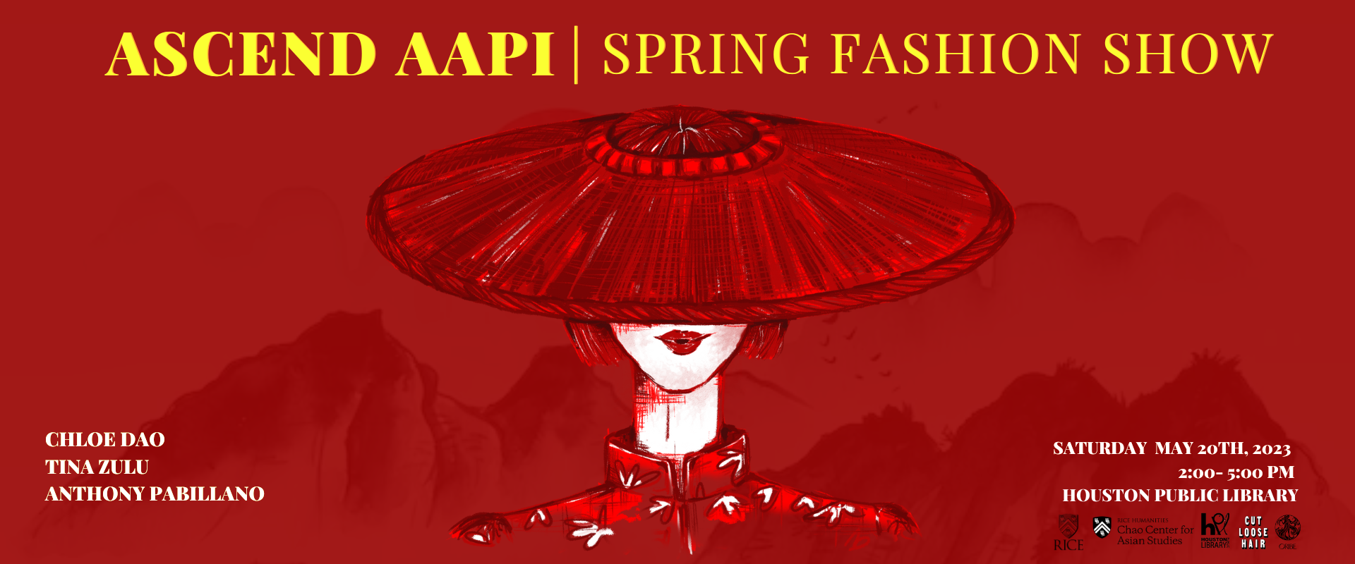 Promo drawing for the fashion show showing a woman dressed in red wearing a large red hat, only her red lips visible