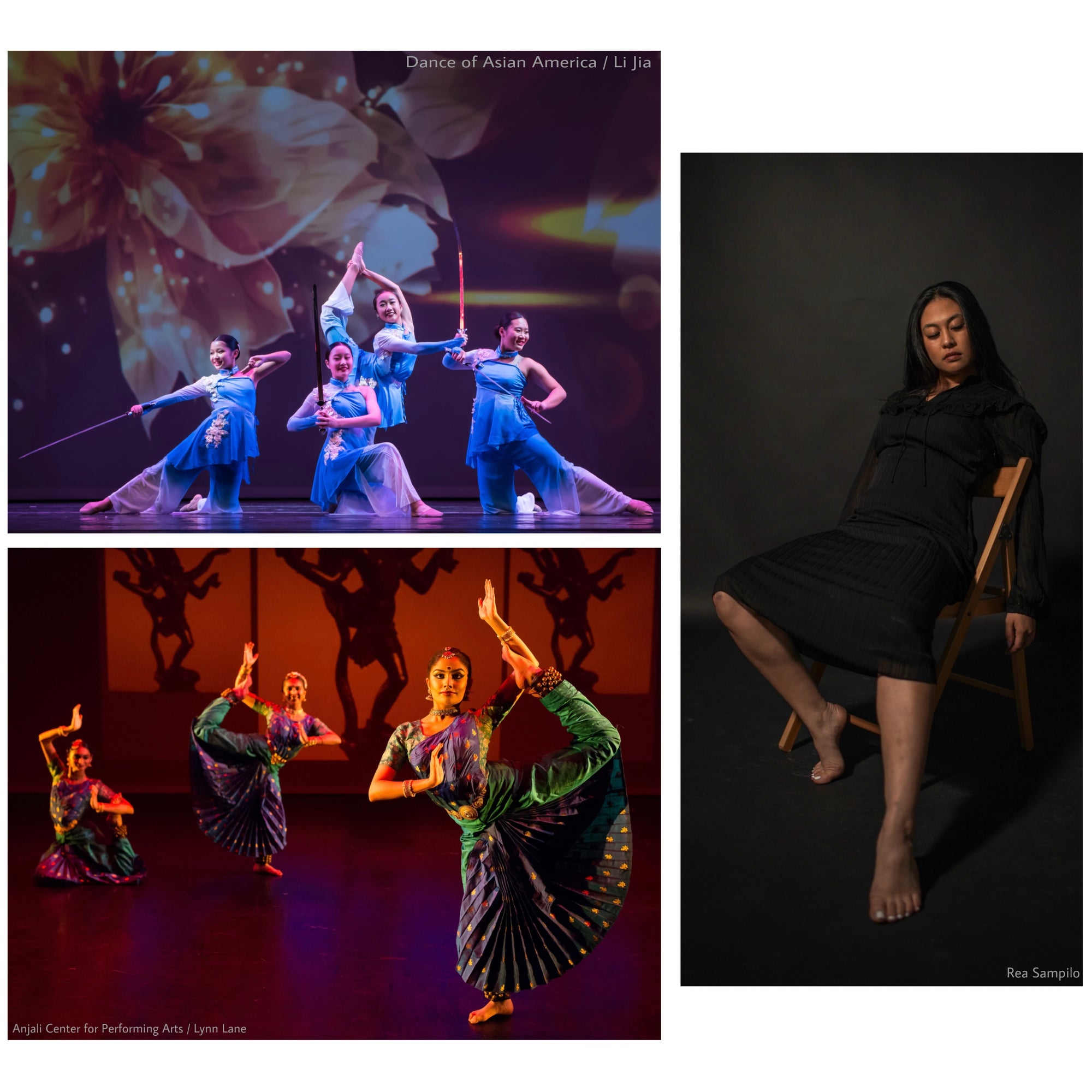 Collage of images: Dance of Asian America, Anjali Center for Performing Arts, and Rea Sampilo