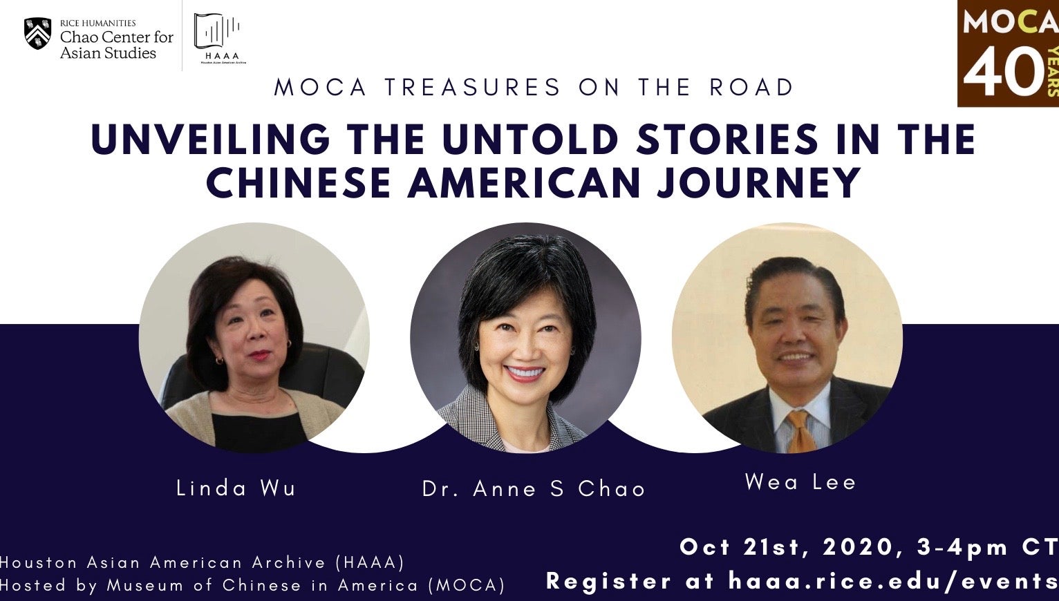 MOCA Treasures on the Road intro slide showing headshots of Linda Wu, Anne Chao, and Wea Lee