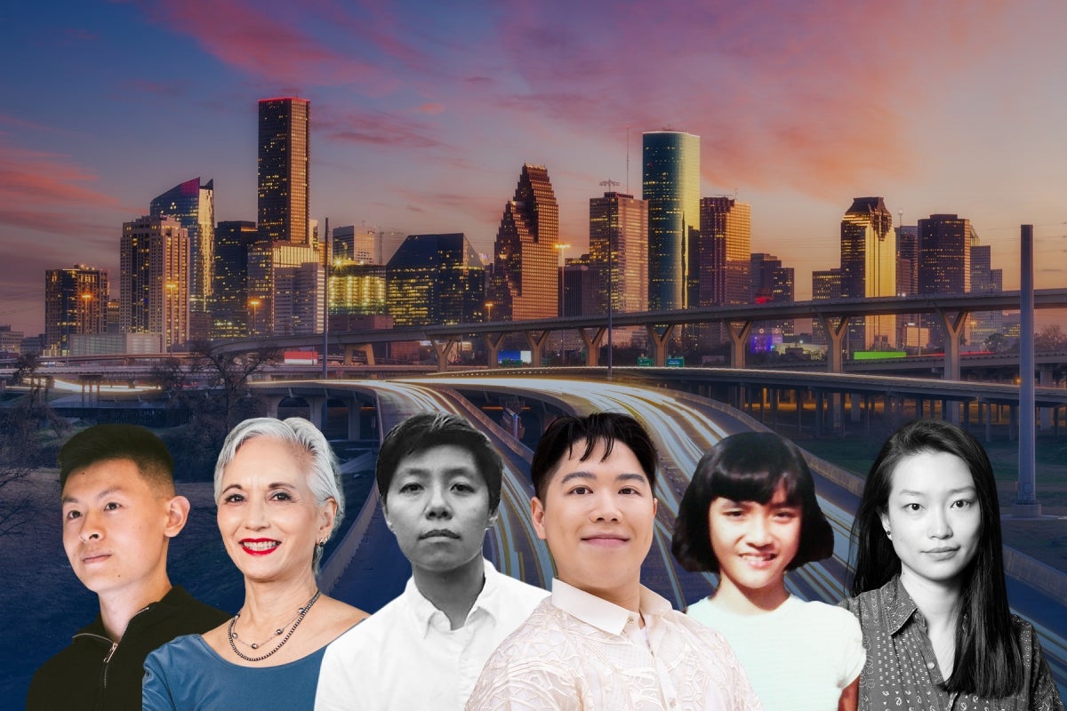 Headshots of performers and oral history subjects against a Houston skyline